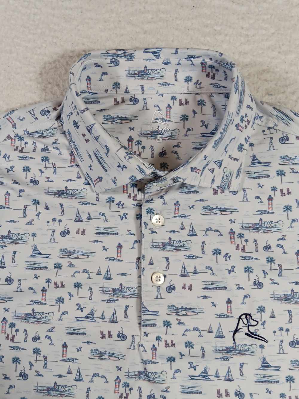 Rhoback Shirt Mens Small White Performance Polo Lighthouse Dolphin Boats